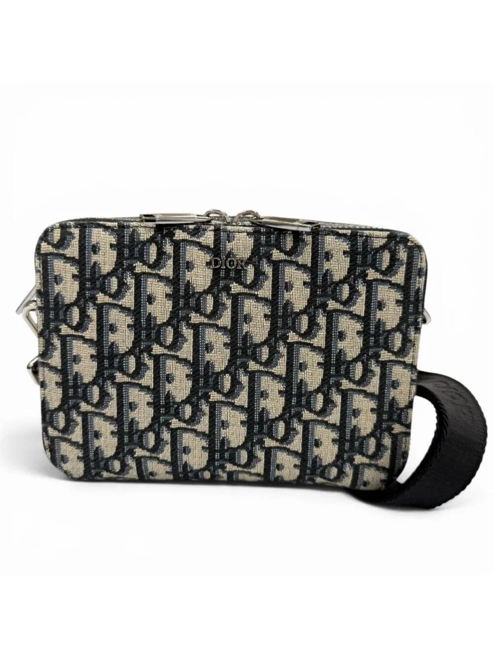 Dior Homme Leather Oblique Zip Pouch Shoulder Bag Navy